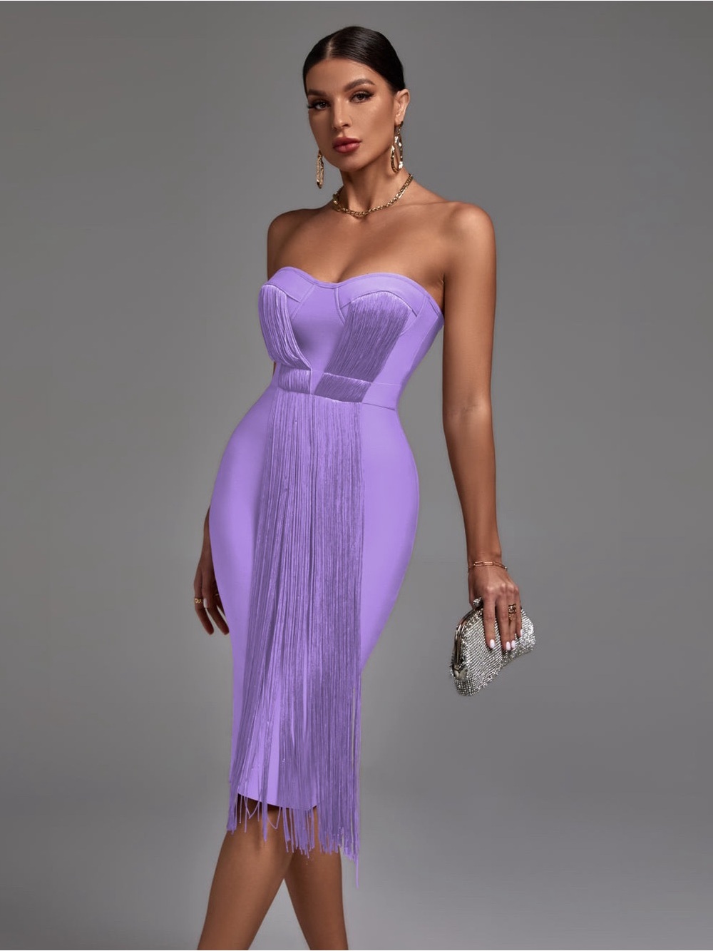 Strapless Fringe Bodycon Dress in Lilac